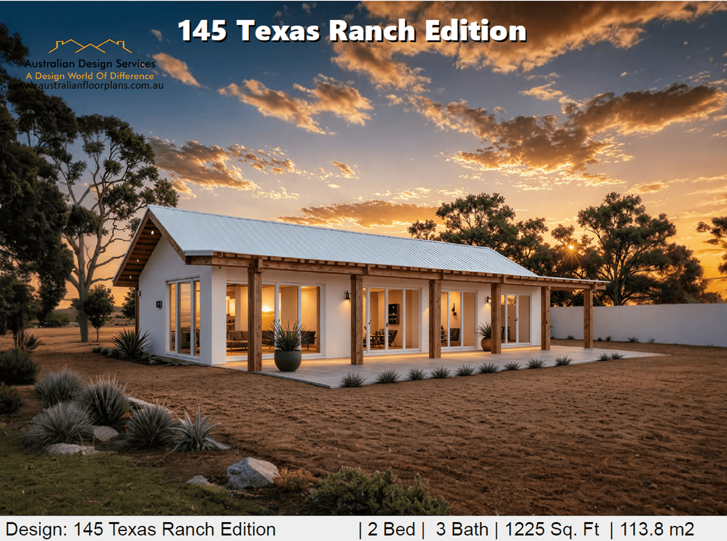 145 Texas Ranch Edition – 2 Bedroom Country Ranch House Plan