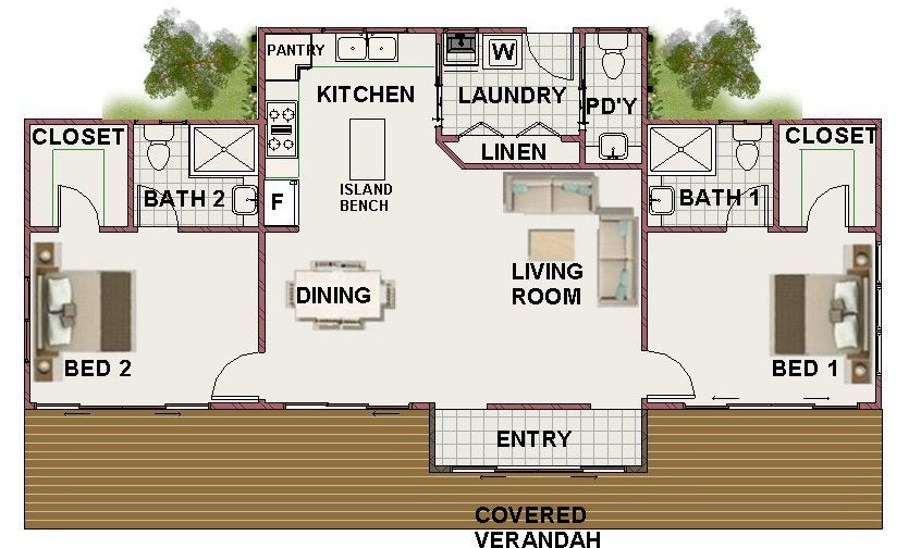 117.8RH Beach Haven | 2 Bedroom House Plan | 2 Bathroom | Modern Granny Flat Design | PDF House Plans