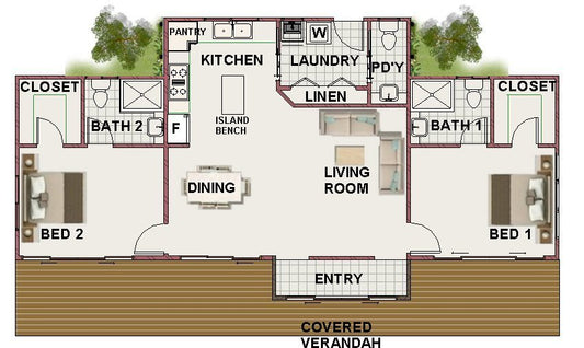 117.8RH Beach Haven | 2 Bedroom House Plan | 2 Bathroom | Modern Granny Flat Design | PDF House Plans