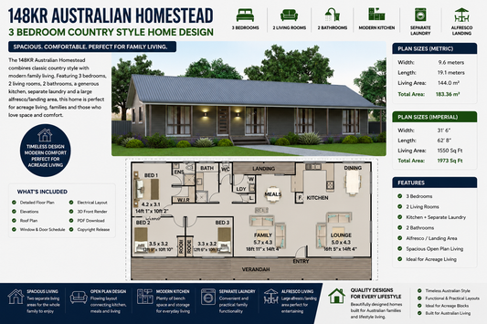 148KR Australian Homestead | 3 Bedroom Country Style Home Design | 183.36 m² | 1973 Sq Ft