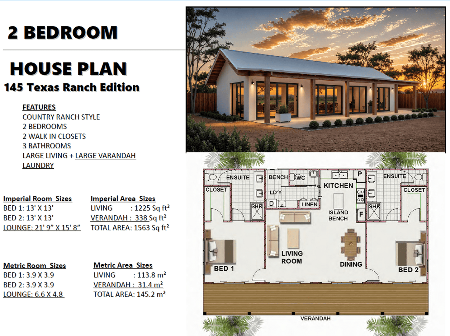 145 Texas Ranch Edition – 2 Bedroom Country Ranch House Plan