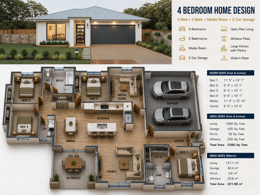 MODERN! 4 Bedroom House Plans One Story | 208 SB House Plan | 2238 Sq Ft | 208.1 m²