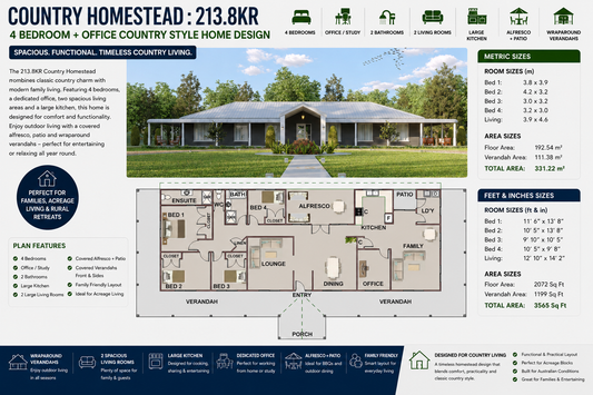 Country Homestead House Plan – 213.8KR | 4 Bedroom + Office Country Style Home Design