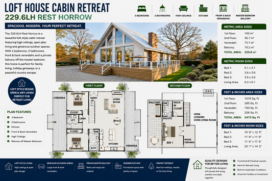 LOFT HOUSE CABIN RETREAT – 229.6LH Rest Horrow | 3 Bedroom Loft Cabin Plan | 2470 Sq Ft