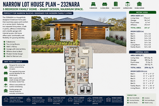 Narrow Lot House Plan – 232NARA | 5 Bedroom Family Home Design | 2596 Sq Ft | 241 m²