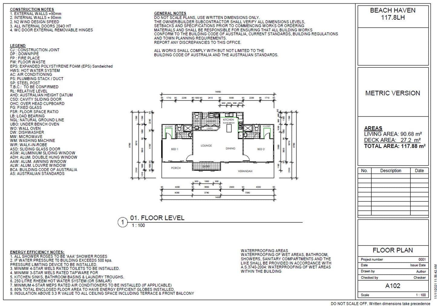 117.8RH Beach Haven | 2 Bedroom House Plan | 2 Bathroom | Modern Granny Flat Design | PDF House Plans